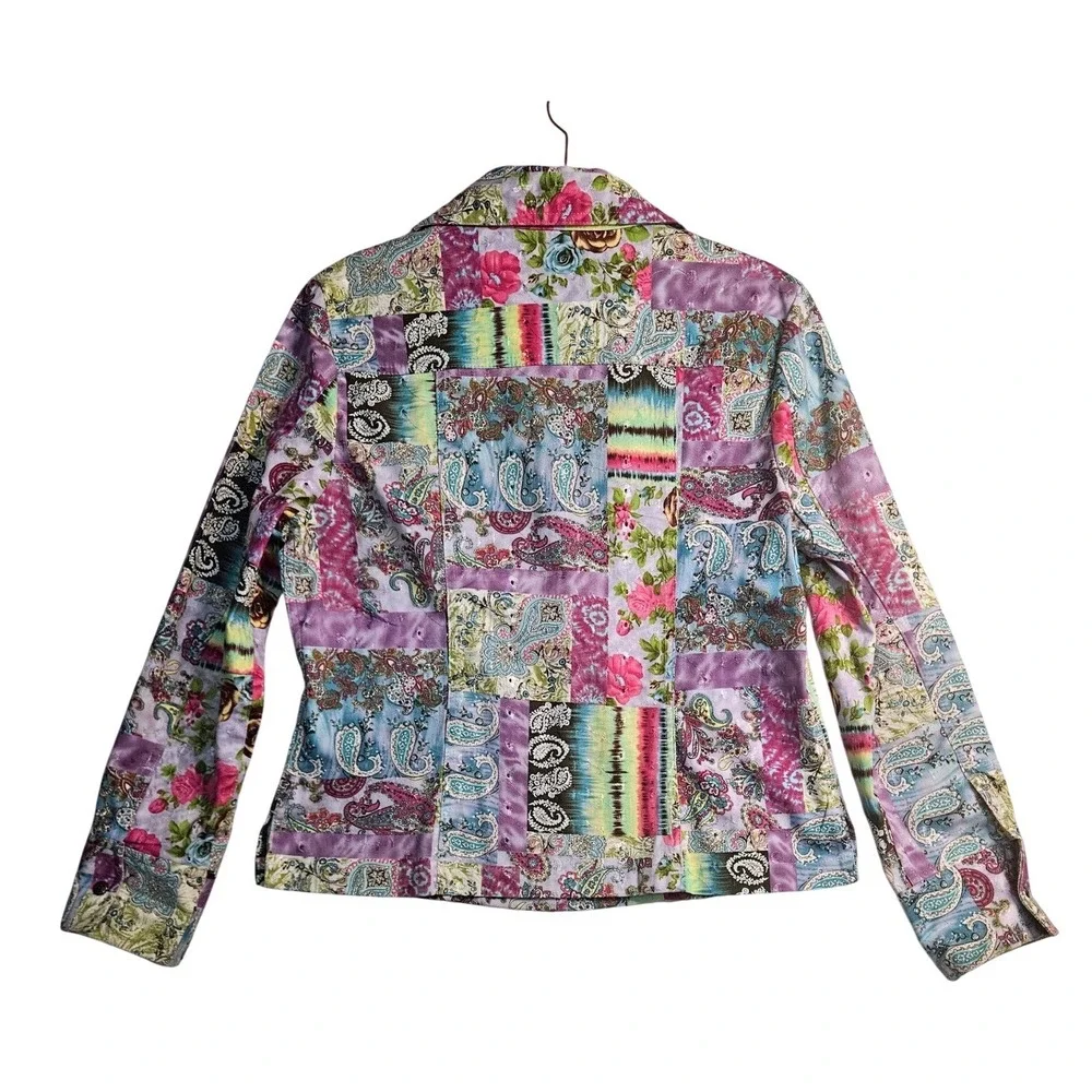 Y2K Artsy Purple Tie Dye Patchwork Print Rose Paisley‎ Jacket Sz Lg Indie #574